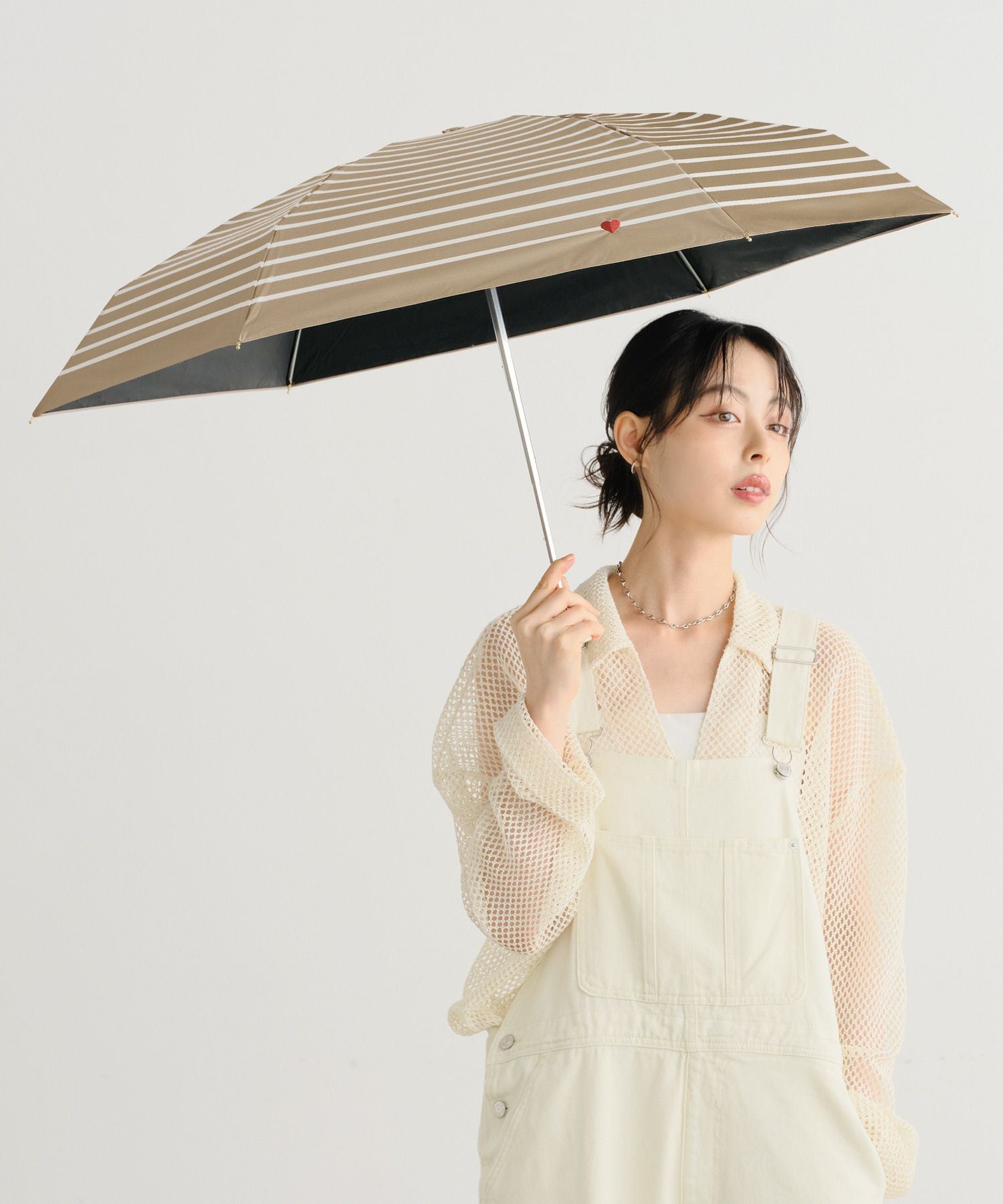 大森商店xチャイルドウーマン　刺繍ボーダー日傘/晴雨兼用 遮光ハート刺繍ボーダー ミニ Wpc. ギフト対象 日傘 折りたたみ 晴雨
